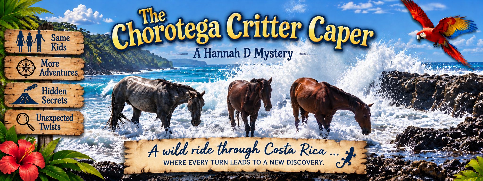 The Chorotega Critter Caper — horses standing in the surf on a rocky Costa Rican shore.